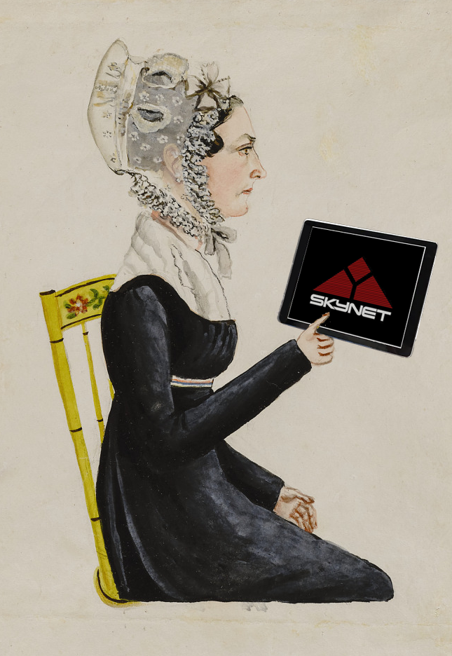 A women in period clothes with an ipad showing SkyNet